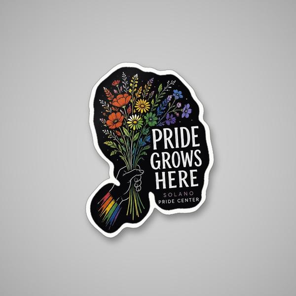 Pride Grows Here on a die-cut sticker