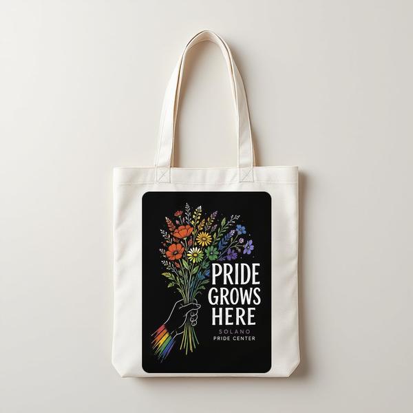 Pride Grows Here on a natural canvas tote bag
