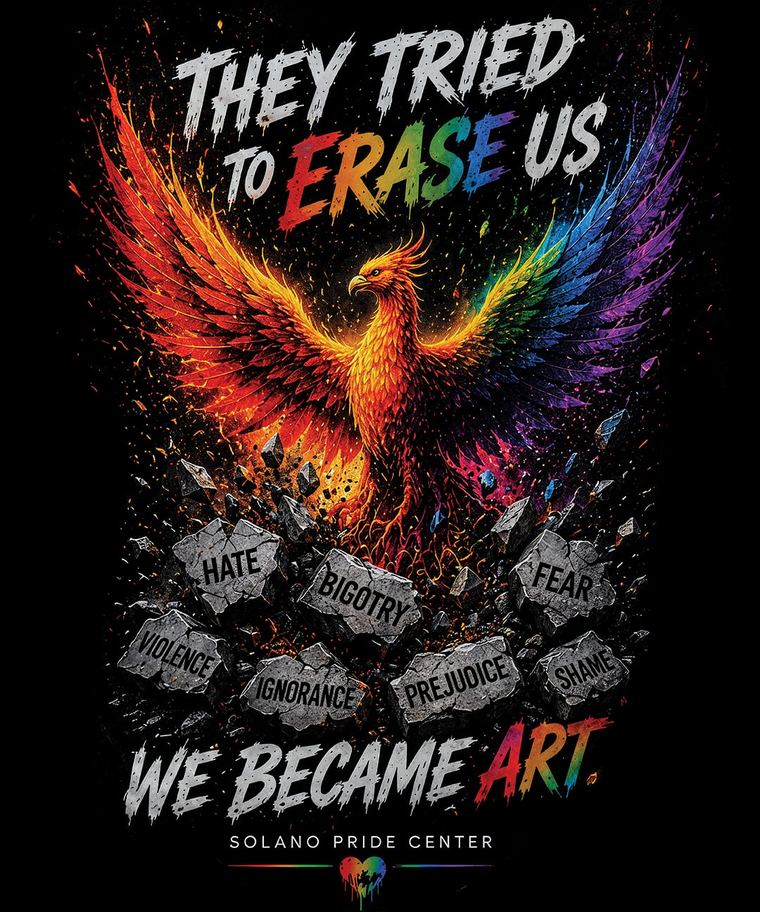 They Tried to Erase Us, We Became Art: a rainbow phoenix rising from rubble, Solano Pride Center