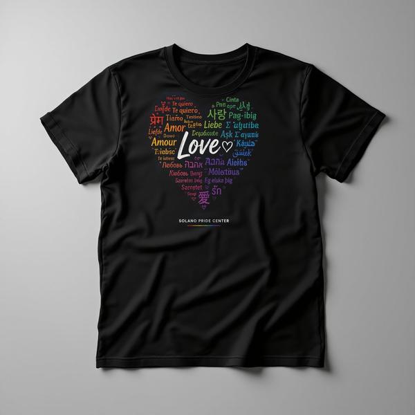 Love in Every Language design on a black T-shirt
